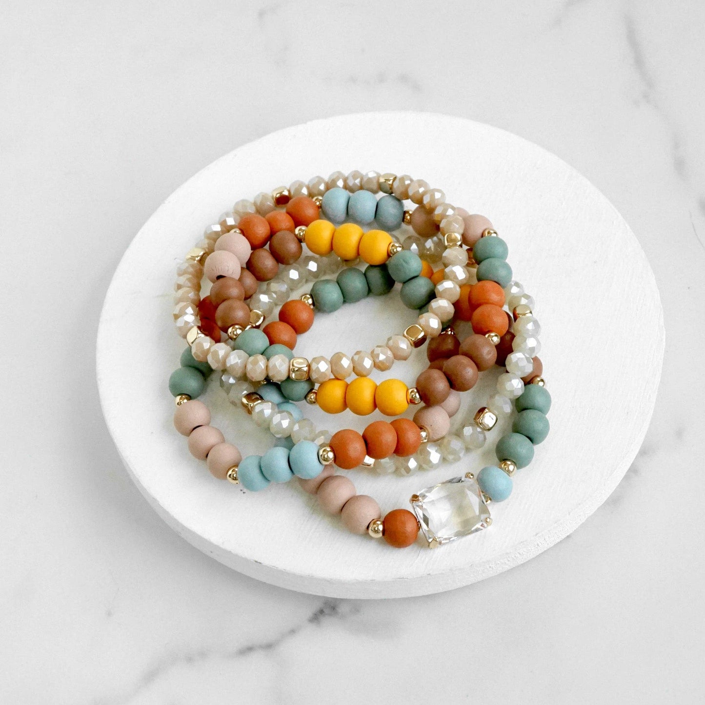 Beaded Bracelets Set Boho Wood Glass with Faceted Crystal - Sunfire Tees