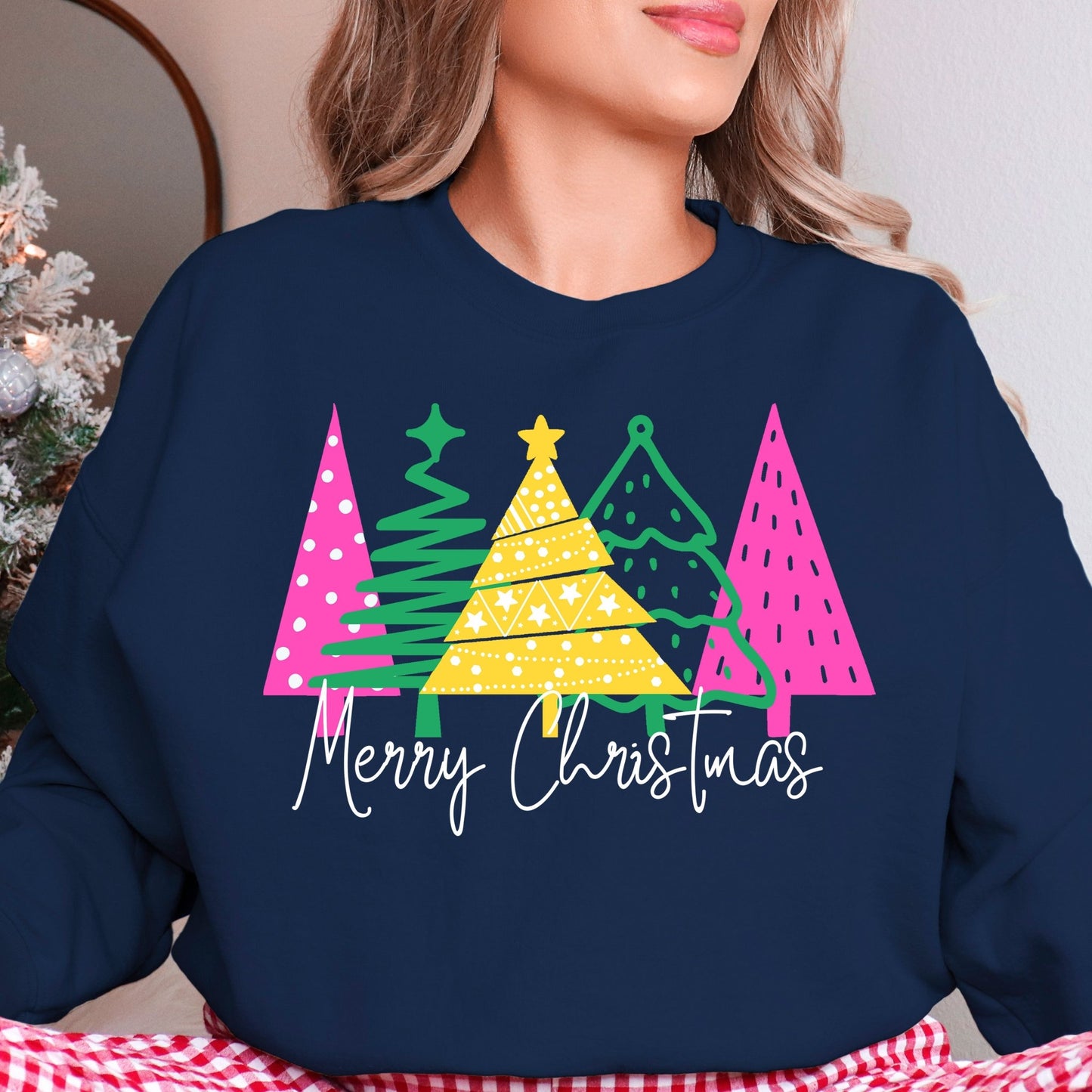 Bright Merry Christmas Trees - navy - Sunfire Tees