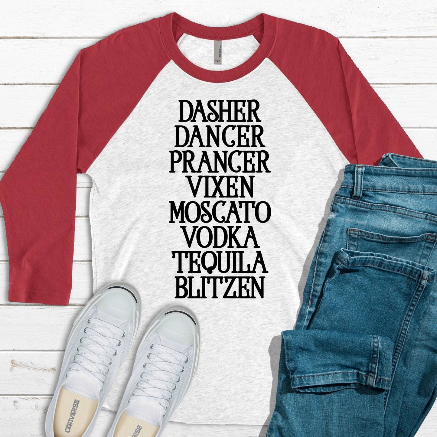 Dasher Dancer Prancer Blitzen - Red/Ash Raglan - Sunfire Tees