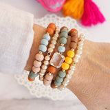 Beaded Bracelets Set Boho Wood Glass with Faceted Crystal