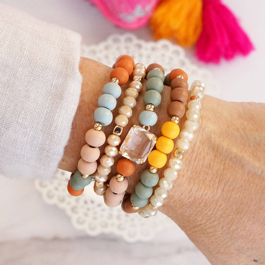 Beaded Bracelets Set Boho Wood Glass with Faceted Crystal - Sunfire Tees