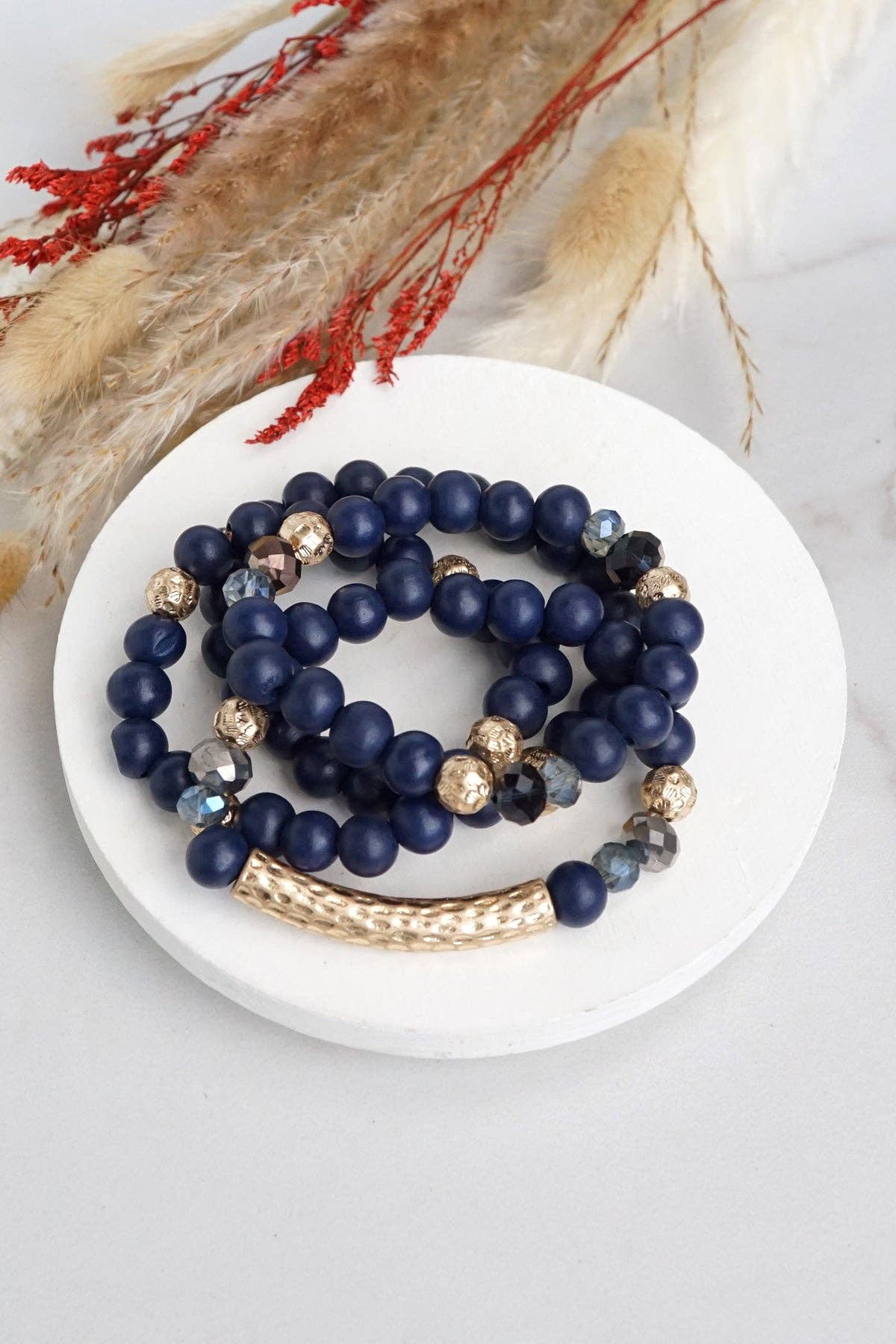 Beaded bracelets set in Wooden Navy Blue and Gold tube - Sunfire Tees