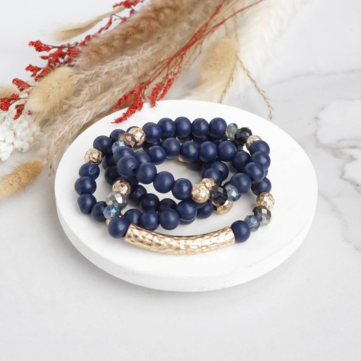 Beaded bracelets set in Wooden Navy Blue and Gold tube - Sunfire Tees