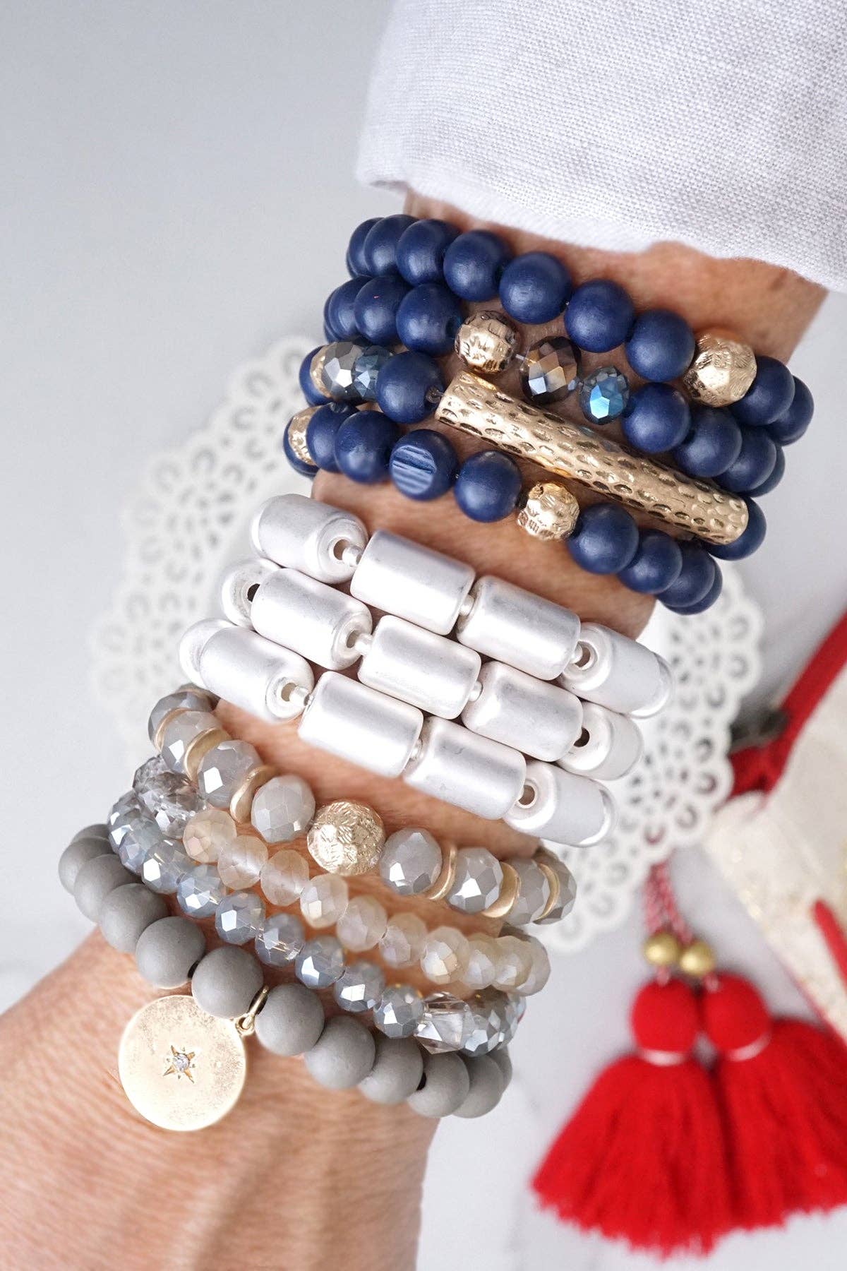 Beaded bracelets set in Wooden Navy Blue and Gold tube - Sunfire Tees