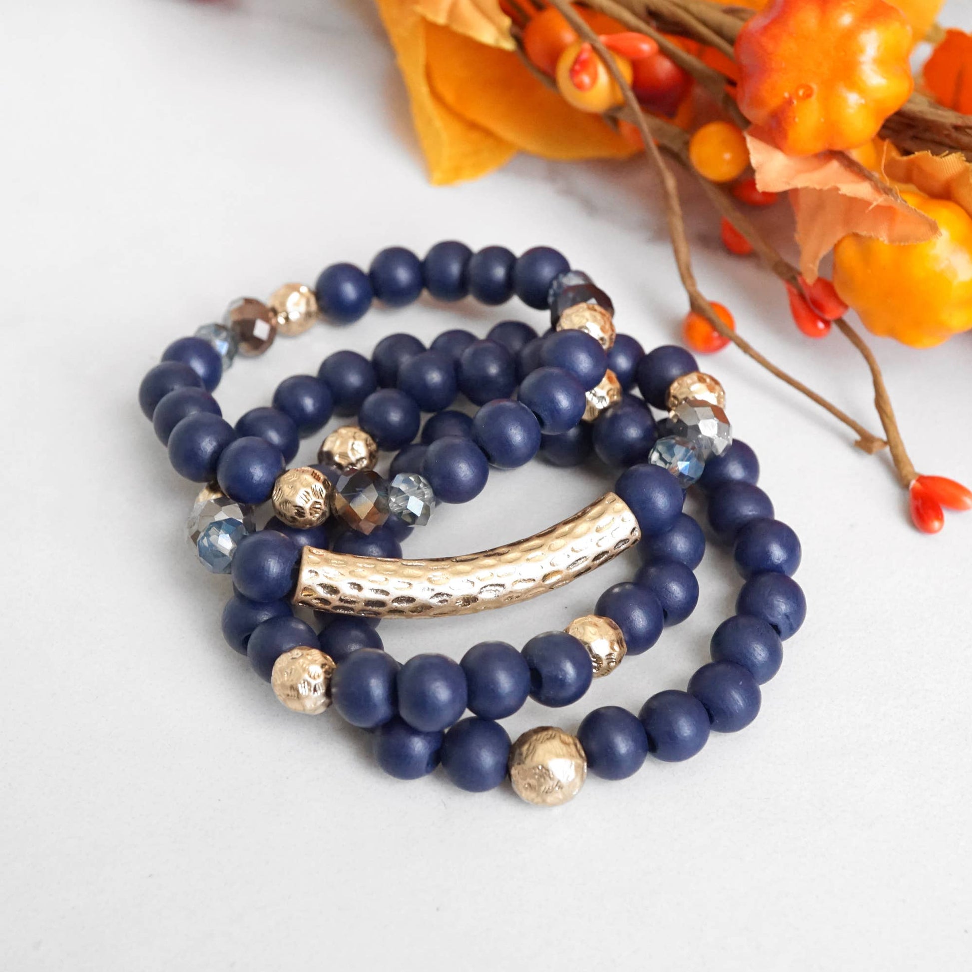 Beaded bracelets set in Wooden Navy Blue and Gold tube - Sunfire Tees
