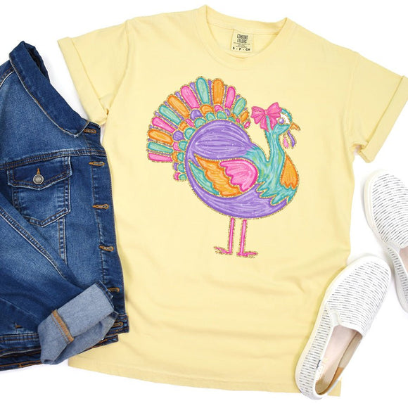 Colorful Turkey on Comfort Colors Butter - Sunfire Tees