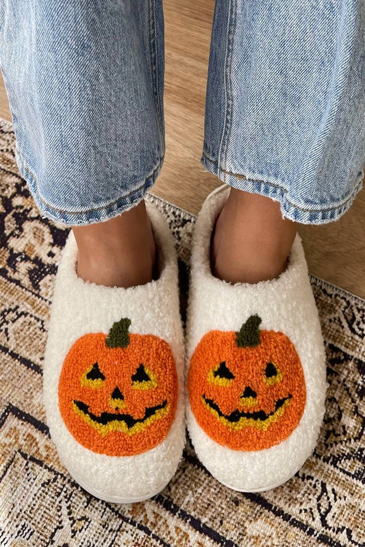 Halloween Pumpkin Print Plush Slippers - Sunfire Tees