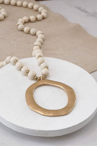 Long Wooden Bead Necklace with gold circle - Cream - Sunfire Tees