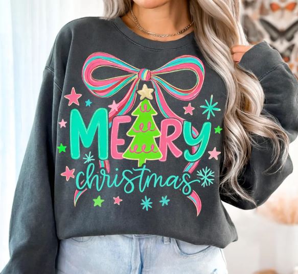 Merry Christmas Coquette Bow - Charcoal - Sunfire Tees