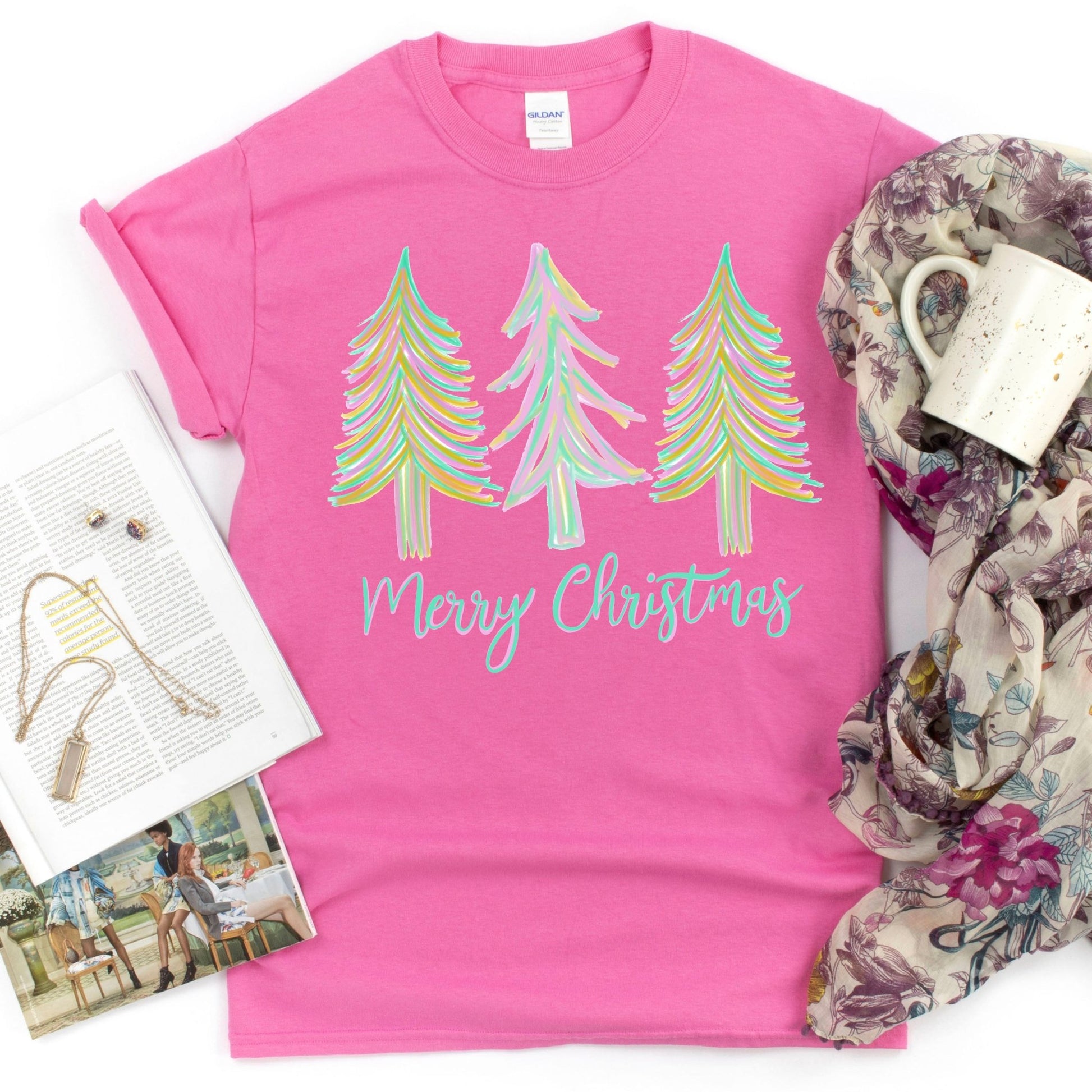 Merry Christmas Watercolor Trees - azalea - Sunfire Tees