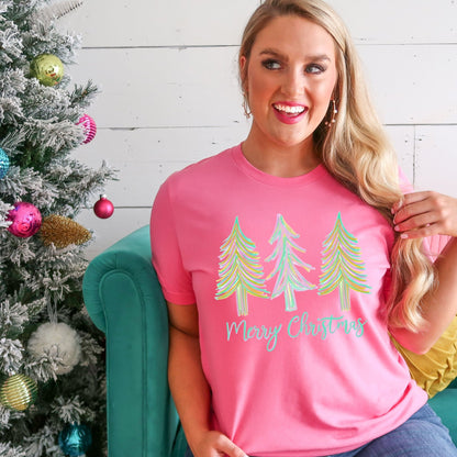 Merry Christmas Watercolor Trees - azalea - Sunfire Tees