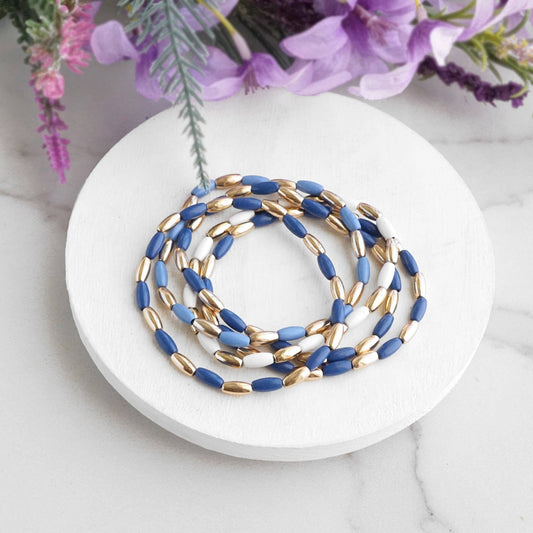 Metal Beaded bracelet stack 5 bracelets - Blues and Gold tone - Sunfire Tees