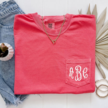 Monogrammed Comfort Colors Pocket Shirt - Embroidered - Sunfire Tees