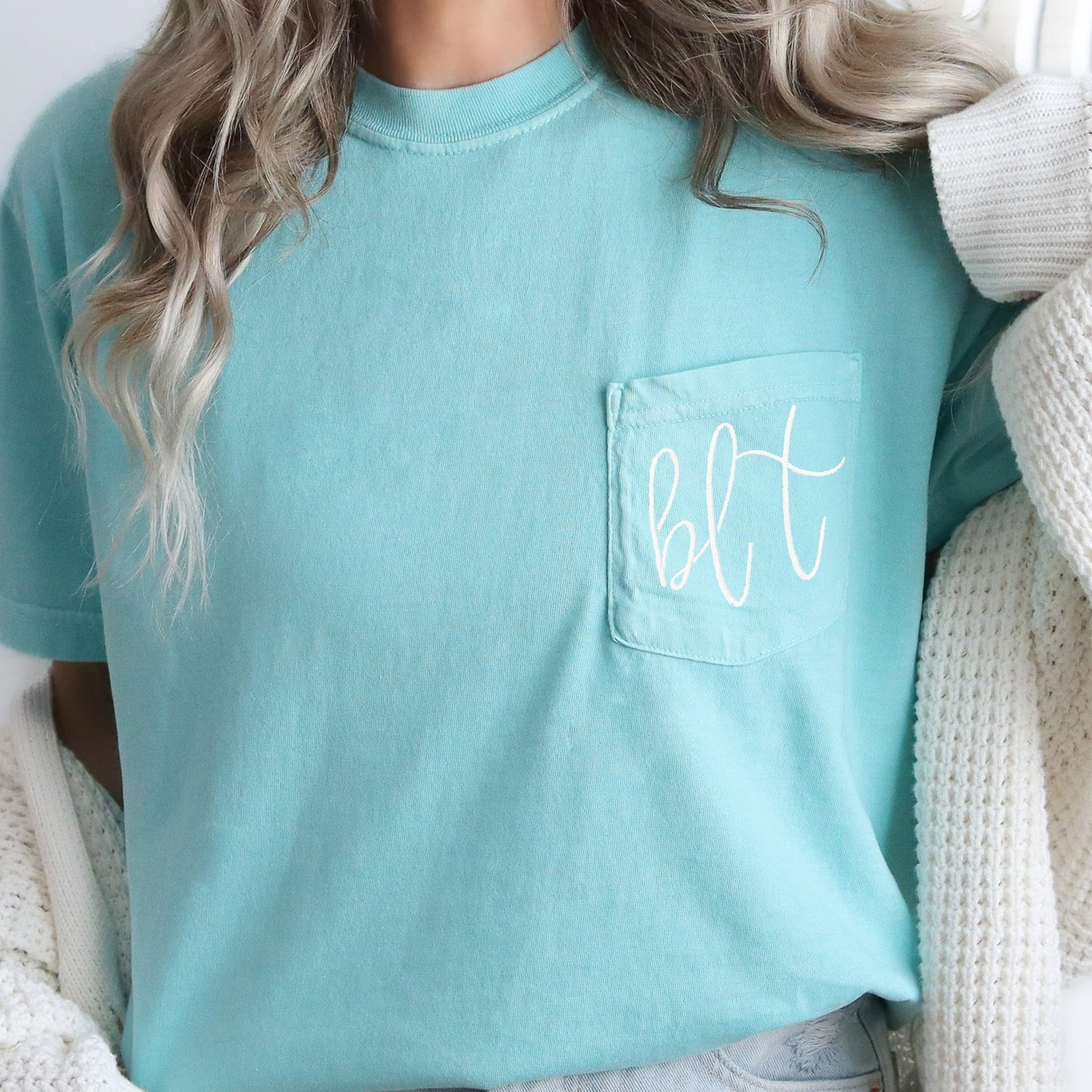 Monogrammed Comfort Colors Pocket Shirt - Embroidered - Sunfire Tees
