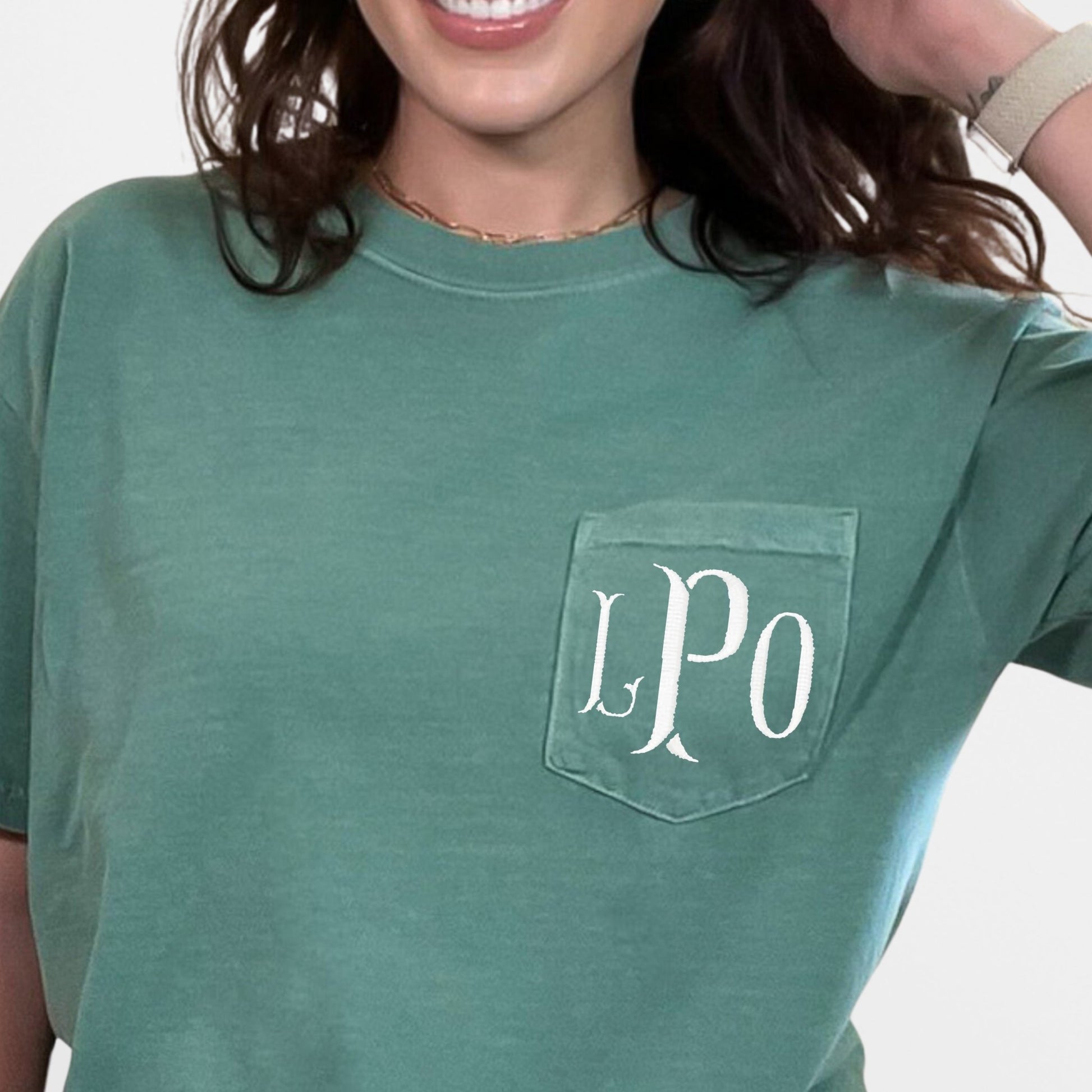 Monogrammed Comfort Colors Pocket Shirt - Embroidered - Sunfire Tees