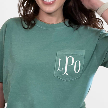 Monogrammed Comfort Colors Pocket Shirt - Embroidered - Sunfire Tees