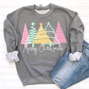 Pastel Merry Christmas Trees - graphite gray sweatshirt - Sunfire Tees