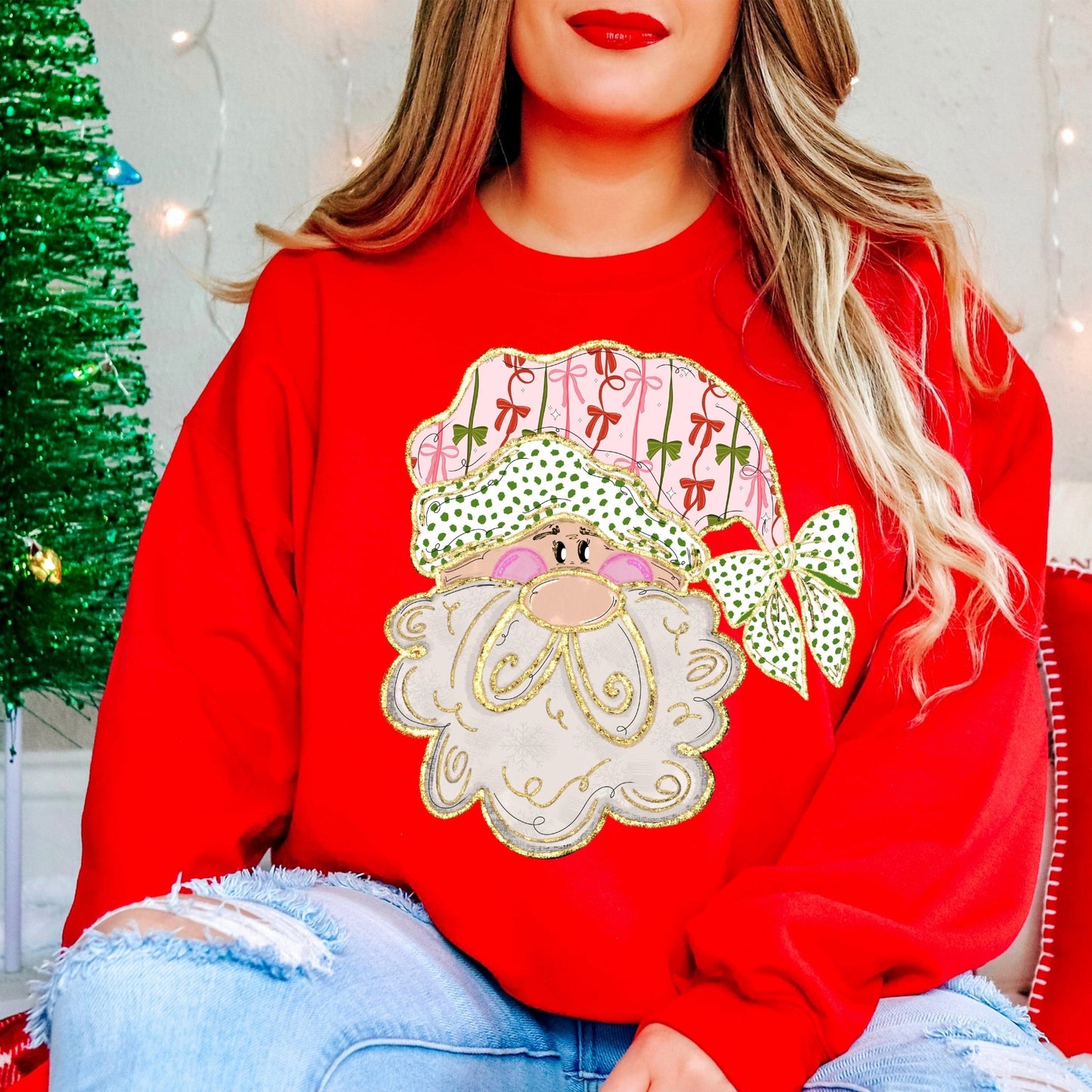 Preppy Bow Santa - Red Sweatshirt - Sunfire Tees