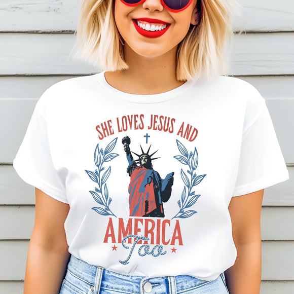 She Loves Jesus and America Too - white - Sunfire Tees