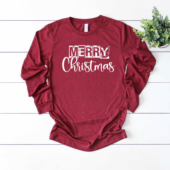 Merry Christmas Shirt - LS Heather Cardinal