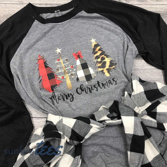 Leopard & Buffalo Plaid Christmas Tree Shirt - black/gray raglan - Sunfire Tees